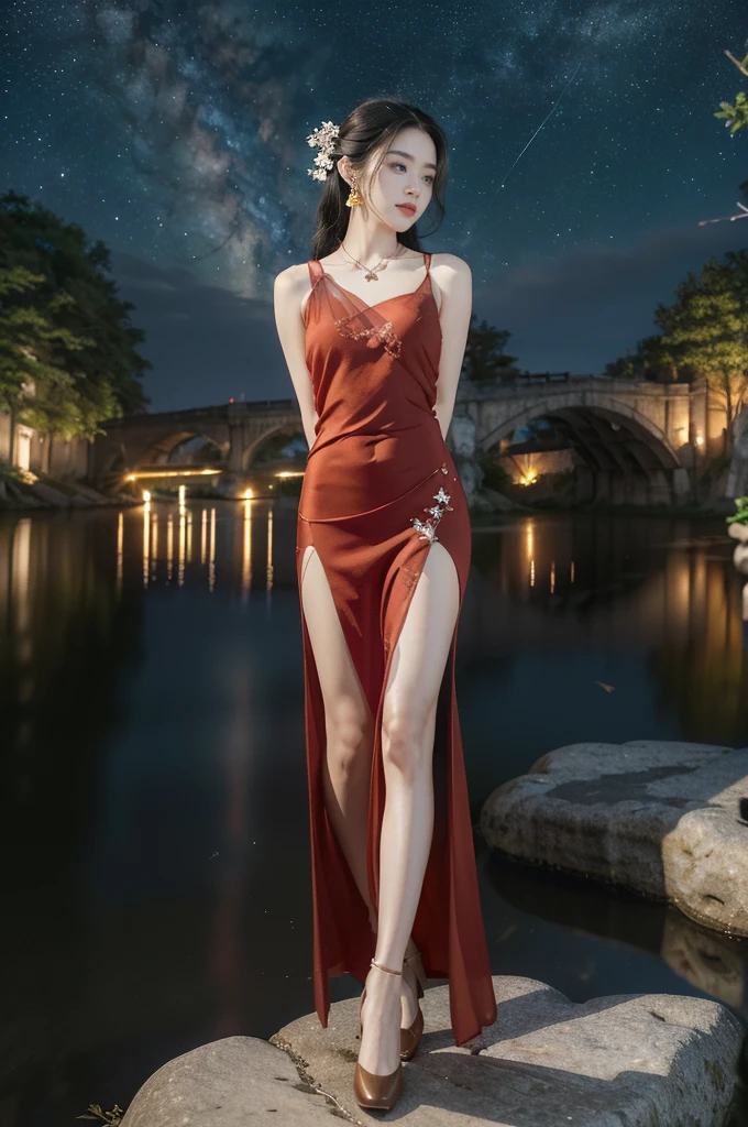 (((best quality))),(((ultra detailed))),(((masterpiece))),illustration,((1 beautiful girl,solo)),(shoulder length straight hair:1.2),((earrings,necklace)),((slim,thin)),((small breasts,flat chest)),(gorgeous sheer red Hanfu dress:1.5),(slender legs:1.2),(loafers:1.2),(standing:1.3),(arms behind back:1.5),(on the stone arch bridge:1.3),((starry sky,the Milky Way,horizon)),elegance, grace, sophisticated updo, delicate hairpins, twinkling stars, radiant smile, bright eyes, wonder, beauty of the night sky, intricate patterns, flowers, birds, vibrant colors, ethereal, enchanting, old bridge, weathered, sturdy, natural surroundings, serene, peaceful atmosphere, rippling water, stars, graceful silhouette, magic, tranquility, twinkling stars, mesmerizing canopy of light, cool air, crisp, faint scent of blooming flowers, contemplation, admiration, ancient China, timeless, rich culture, traditions, captivating, enchanting atmosphere, myth, legend,((from front,full body))