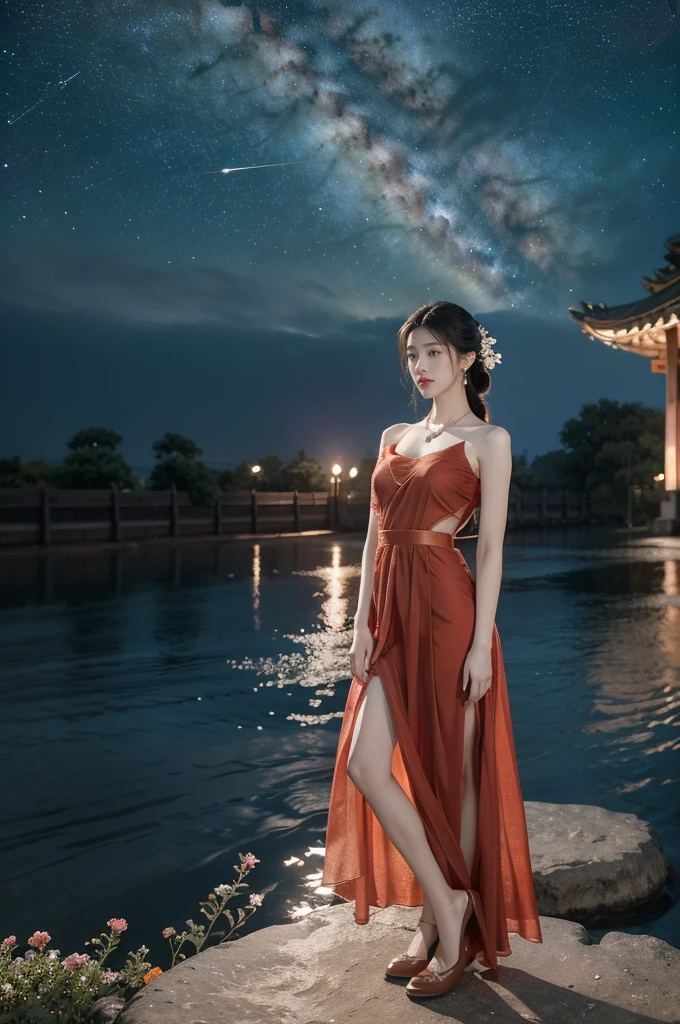(((best quality))),(((ultra detailed))),(((masterpiece))),illustration,((1 beautiful girl,solo)),(shoulder length straight hair:1.2),((earrings,necklace)),((slim,thin)),((small breasts,flat chest)),(gorgeous sheer red Hanfu dress:1.5),(slender legs:1.2),(loafers:1.2),(standing:1.3),(arms behind back:1.5),(on the stone arch bridge:1.3),((starry sky,the Milky Way,horizon)),elegance, grace, sophisticated updo, delicate hairpins, twinkling stars, radiant smile, bright eyes, wonder, beauty of the night sky, intricate patterns, flowers, birds, vibrant colors, ethereal, enchanting, old bridge, weathered, sturdy, natural surroundings, serene, peaceful atmosphere, rippling water, stars, graceful silhouette, magic, tranquility, twinkling stars, mesmerizing canopy of light, cool air, crisp, faint scent of blooming flowers, contemplation, admiration, ancient China, timeless, rich culture, traditions, captivating, enchanting atmosphere, myth, legend,((from front,full body))