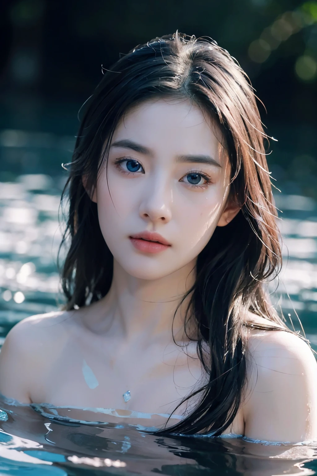 Seven part photos, masterpiece, best quality, Official Art, Extremely detailed CG 8k wallpaper,(Flying petals)(Detailed ice) ,  water晶质感皮肤, Cold expression, White hair, Long hair, Messy hair, blue eyes, Looking at the audience, Extremely refined, water,  ((Beautiful and delicate eyes)), Very detailed, light,((Pretty Face),fine water surface, (Original figure painting), Very detailed, Very detailed,  (Extremely refined), Beautiful and delicate eyes, 