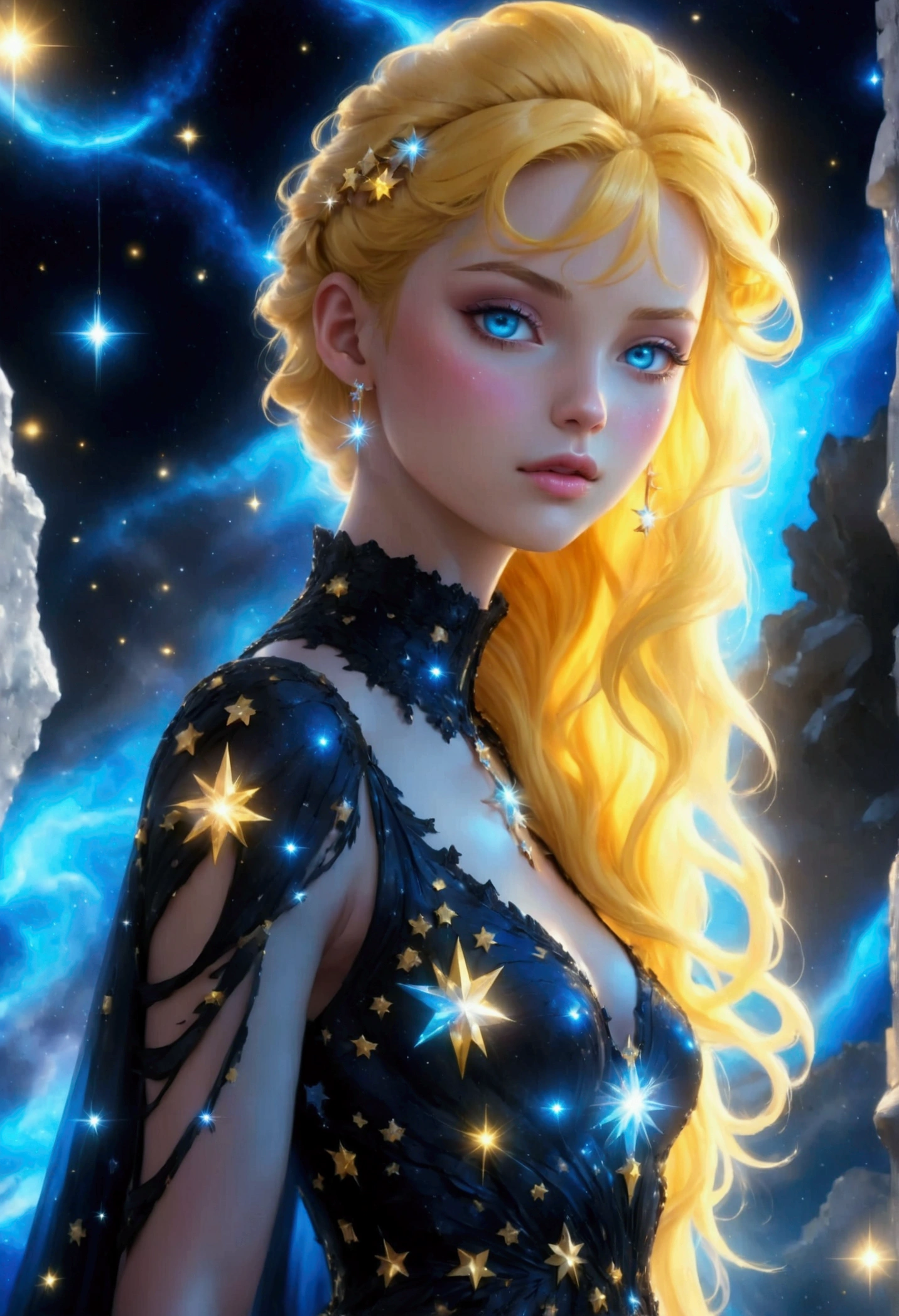 a glamour picture shot, of an elite model covered in stars, walking on a (dark model's catwalk: 1.2), an extraordinary glamourous elite female model, ((full body: 1.5)),  ((anatomically correct: 1.5), (ultra detailed face: 1.2), best detailed face, yellow hair, long hair, lush hair, glam hair cut, blue eyes, delicate face, light make up, wearing intricate detailed dress, glamour dress, haute couture dress, elite fashion dress, black as night dress, decorated with bright stars, starlight,  small cleavage, wearing high heels, elegant high heels, she wears diamond necklace, she is glows in a soft starry light, she walks on (asteroid catwalk: 1.2), elite fashion show background, vibrant, Hyperrealism style, vibrant, Ultra-high resolution, High Contrast, (masterpiece:1.5), highest quality, Best aesthetics), best details, best quality, highres, ultra wide angle, 16k, [ultra detailed], masterpiece, best quality, (extremely detailed) RAW, chumbasket art style, magical sky