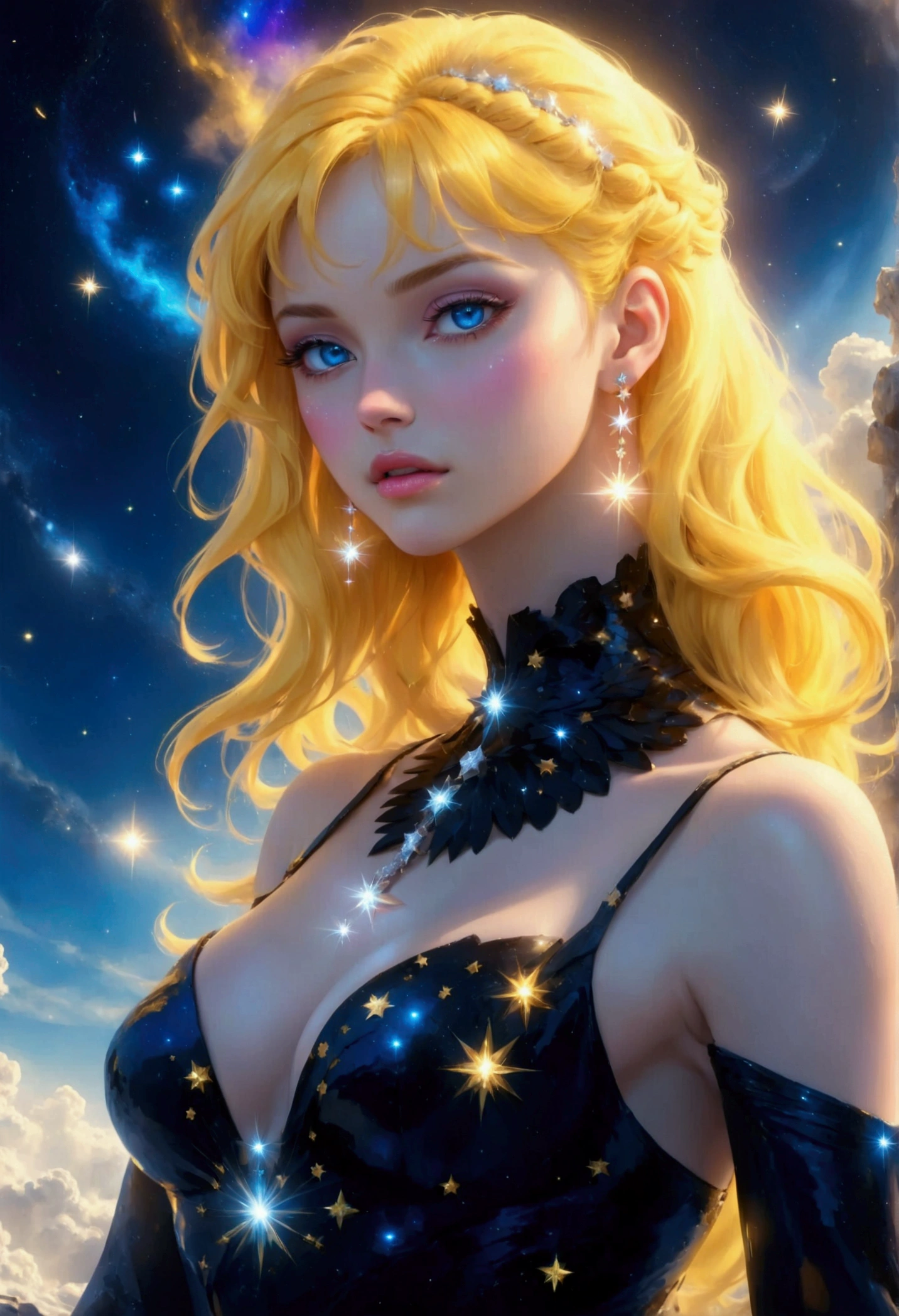 a glamour picture shot, of an elite model covered in stars, walking on a (dark model's catwalk: 1.2), an extraordinary glamourous elite female model, ((full body: 1.5)),  ((anatomically correct: 1.5), (ultra detailed face: 1.2), best detailed face, yellow hair, long hair, lush hair, glam hair cut, blue eyes, delicate face, light make up, wearing intricate detailed dress, glamour dress, haute couture dress, elite fashion dress, black as night dress, decorated with bright stars, starlight,  small cleavage, wearing high heels, elegant high heels, she wears diamond necklace, she is glows in a soft starry light, she walks on (asteroid catwalk: 1.2), elite fashion show background, vibrant, Hyperrealism style, vibrant, Ultra-high resolution, High Contrast, (masterpiece:1.5), highest quality, Best aesthetics), best details, best quality, highres, ultra wide angle, 16k, [ultra detailed], masterpiece, best quality, (extremely detailed) RAW, chumbasket art style, magical sky