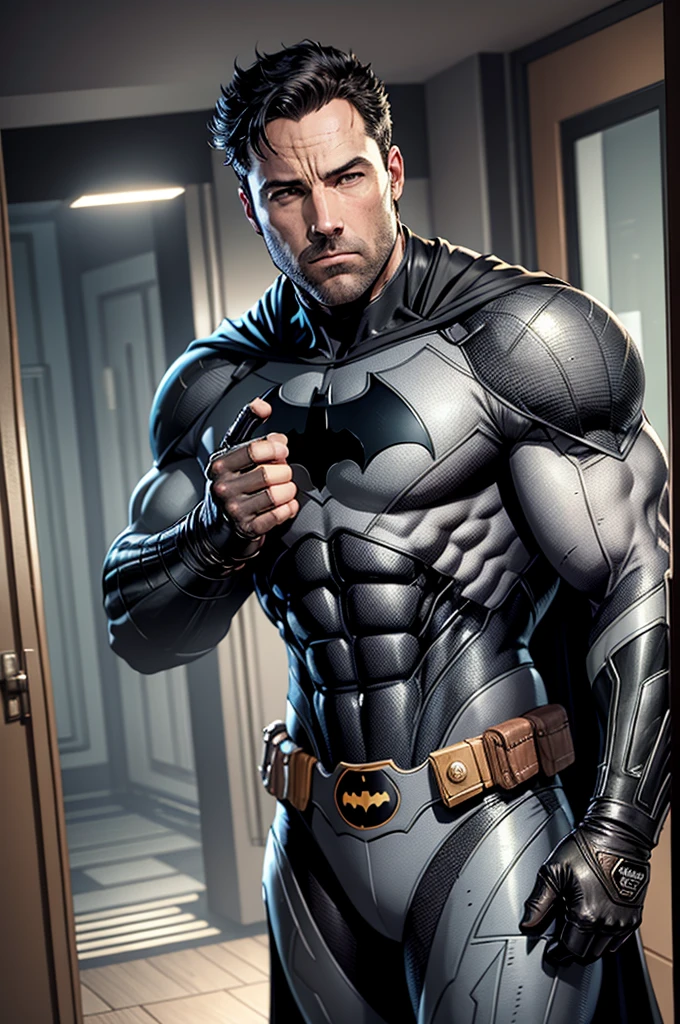 1 man, solo, Ben Affleck as Batman, tall, hunk, muscular, bulk, wide shoulder, photorealism, dark dirty grey suit, dark grey arms, ((no mask)), mask off, black hair, black gloves, best quality, masterpiece, high resolution:1.2, black cape, high detailed mask, high detailed suit, high detailed face, award winning, night time, a dark cave in the background, indoors