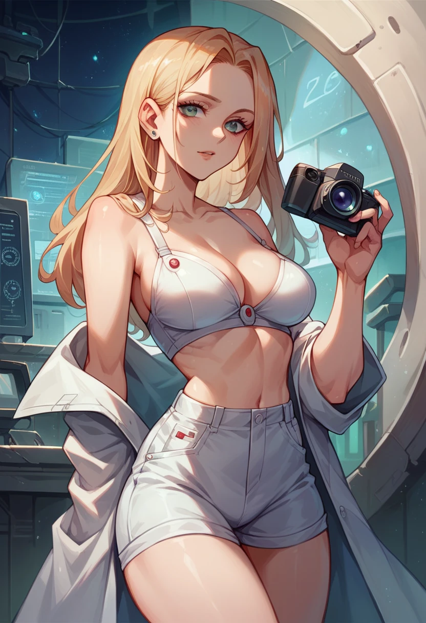 A 22 year beautiful ukrainian girl scientist is scanning brain neurons in laboratary in futuristic thermal screen, while she is wearing white scientist outfit with her stylish bra top and beautiful short pants, futuristic cinema shot, night laboratory background, looking at camera