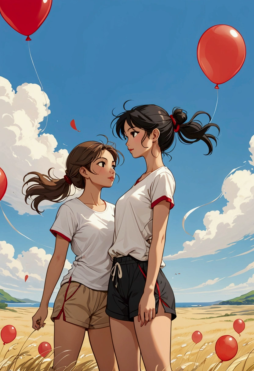Two beautiful young women in Sarah Kay style, in love. One is a beautiful Asian woman with long black hair blowing in the wind, the other young woman is a beautiful young British woman with semi-short light brown hair tied in a bun, both dressed in a white t-shirt with red details on the edges of her short sleeves, they are wearing shorts. short beige shoes, and a bunch of colorful balloons in his hands.