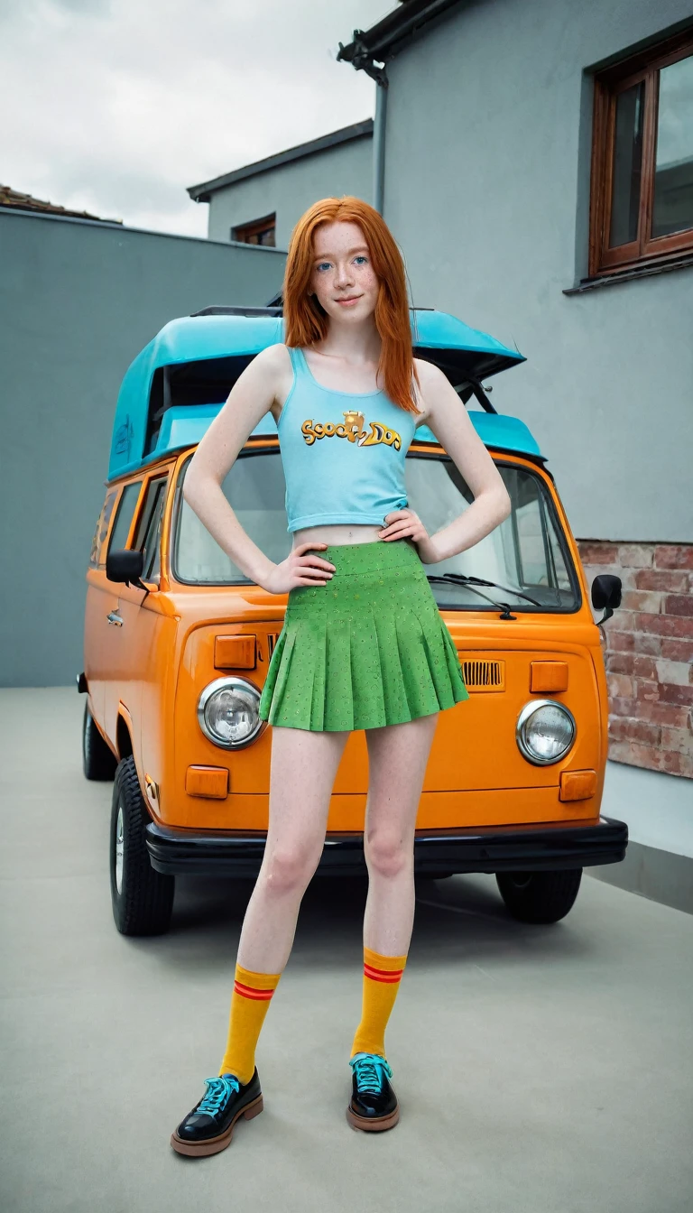 Photoshooting, A girl posing on top of multi old tv`s and boxes, shot from below, 15 years old girl, flat stomach, wide hips, porcelain white skin and freckles, ginger hair,gentle smile,very very skinny girl with a mini low-cut tank top and mini skirt, outfit in the style of television program the mystery machine of scooby doo and his friends, wide shot a beautiful girl, (plain background ),interior tv studio,(looking at viewer), long socks with shoes, wide shot, ginger girl, dinamyc pose, from below, vintage van