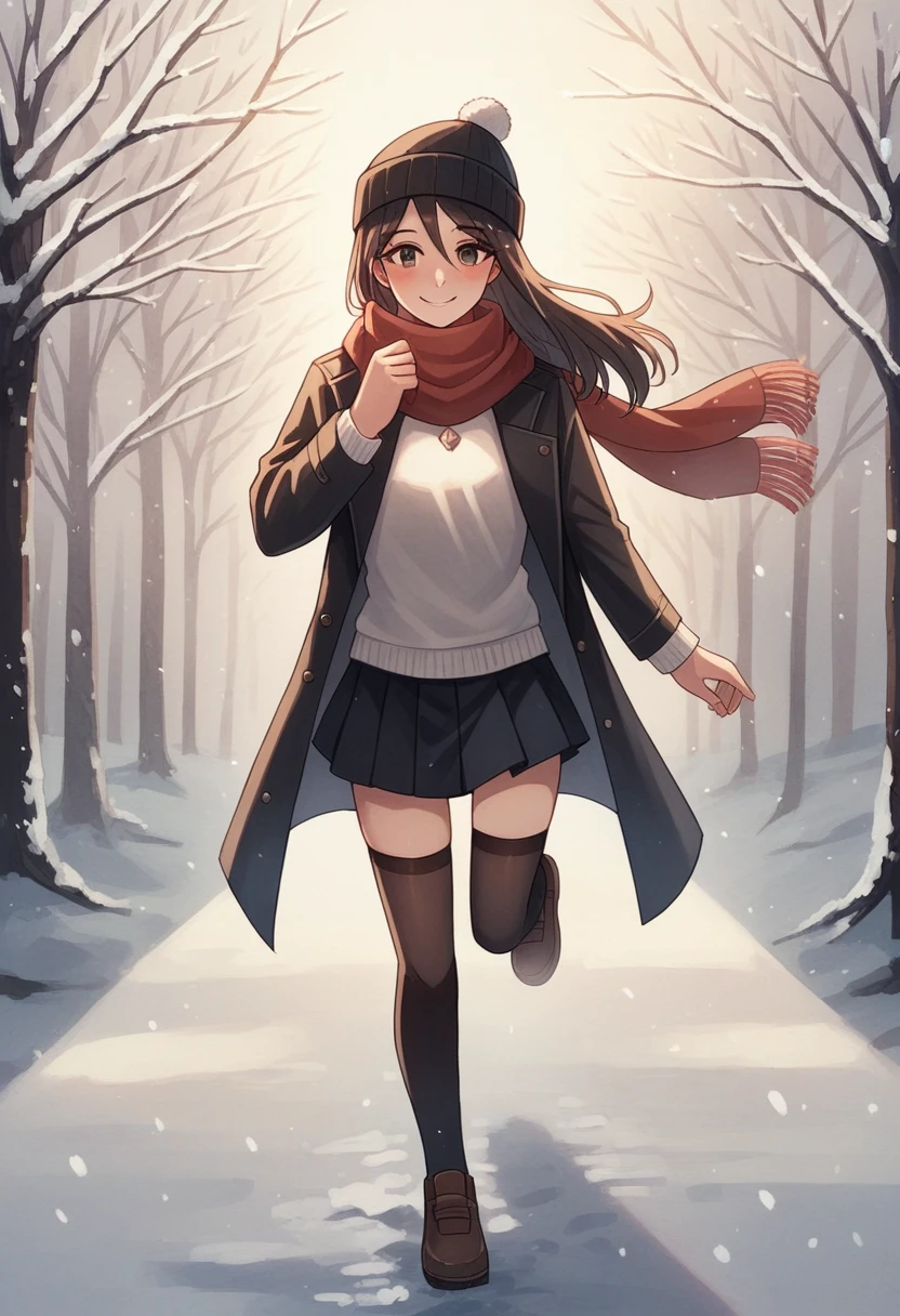 1 girl, clothed, black coat, ((silk white sweater)), short black skirt, (wear black ushanka hat), scarf, Winter stockings, ((long bronze hair )), Russian, bright smile, (blushing), Winter, light snowing, sunlight, eastern Europe, Running forward to viewer, (lend right hand closer to the viewer), Upper angle, [best quality ,masterpiece scenery, best eyes detail], by \(skchkko\)
