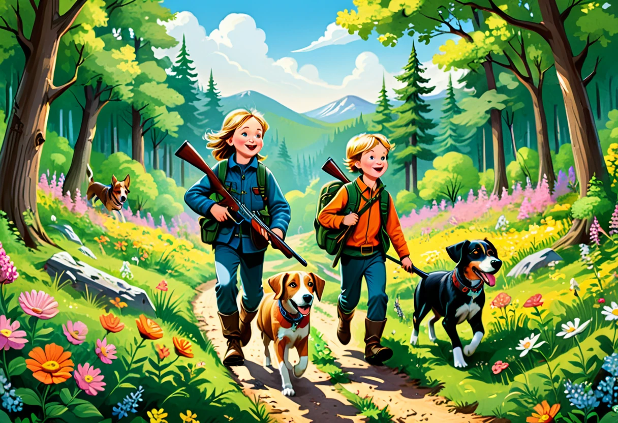 (Highest quality, Super detailed, Realistic: 1.37), Humorous, Cartoon style, Thick lines, children's storybook illustration, Bright colors,Two hunters, hunting rifles in hand, walk cautiously along a path through a flowering forest, while two hounds run frolicking around them. 