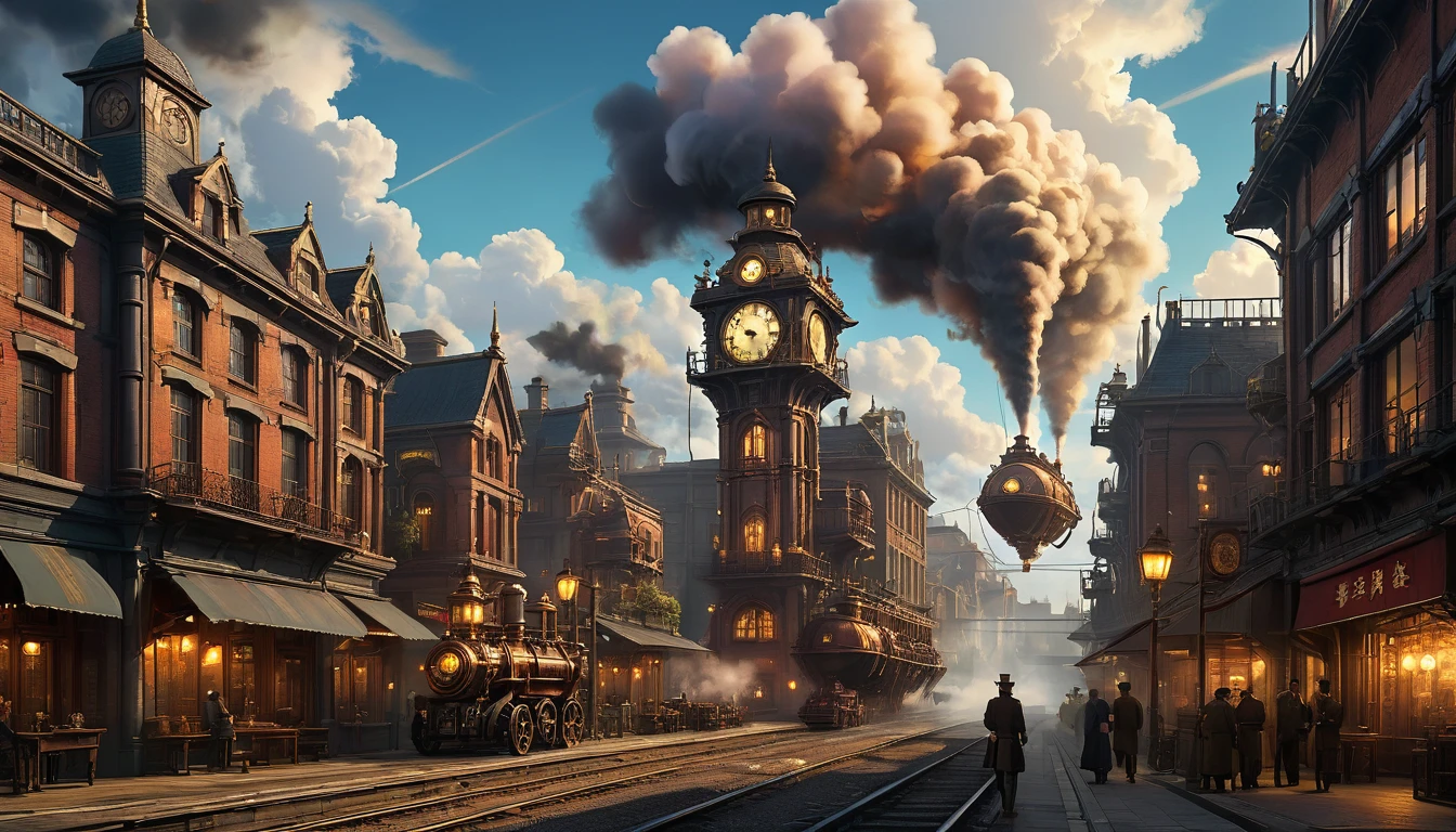 steampunk art pictures, Wide Shot,  intense details, highly detailed, Realistic, Highest quality, High resolution, reflected light, Attention to detail, Highest quality, 16K, [ultra detailed], masterpiece, Highest quality, (extremely detailed), ultra Wide Shot, Realistic, to be born, Realistic芸術,((Highest quality)), ((masterpiece)), (detailed), A lot of steam rises、、Nobody is here、unmanned、Urban area、gaslight、airship flying in the sky、Clock Tower、
