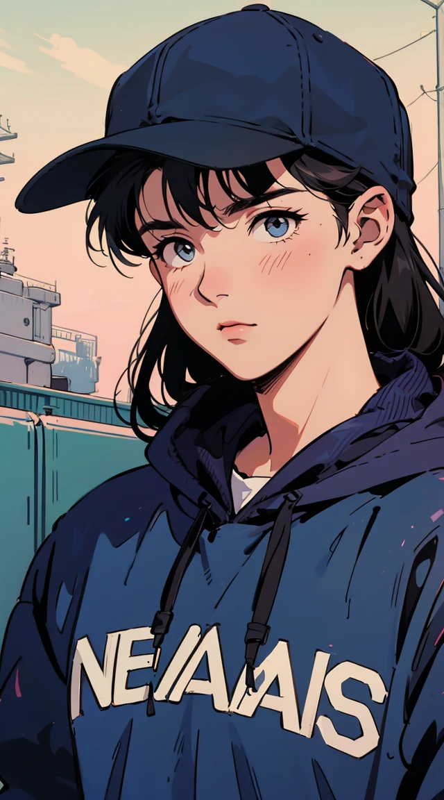 boy,Long Hair,Wearing a baseball cap、 Sharp Eye, Navy blue hoodie、