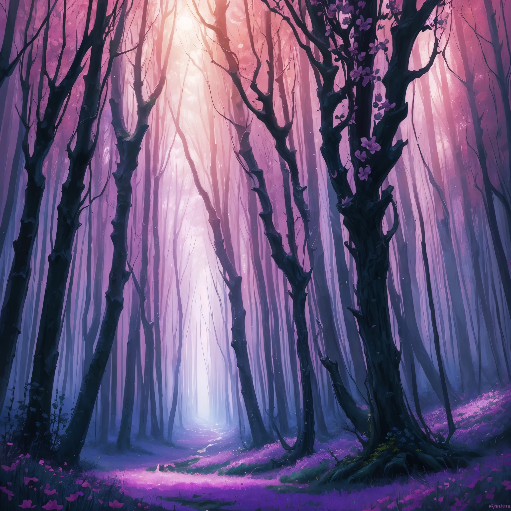 a painting of a purple forest with flowers and trees, magical fantasy forest, very magical and dreamy, magical forest in the background, magical colors and atmosphere, magical colours and atmosphere, magical forest, magic fairy forest, magical landscape, enchanted magical fantasy forest, magical environment, fantasy forest, lost in a dreamy fairy landscape, anime beautiful peace scene, mystical forest lagoon