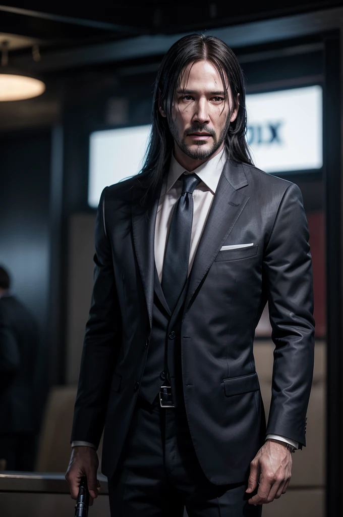John Wick . long hair down to the shoulder, well-defined features . cm a gun in hand navy blue suit rolex watch .In 4k