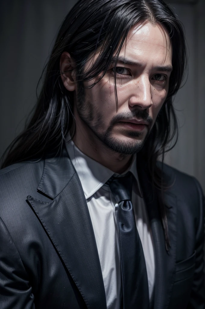 John Wick . long hair down to the shoulder, well-defined features . cm a gun in hand navy blue suit rolex watch .In 4k