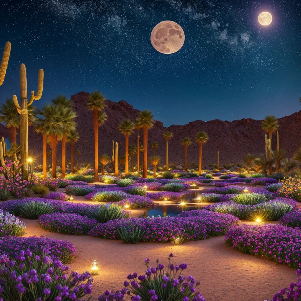 A lush desert oasis, vibrant blooming flowers, shining full moon, starry night sky, hyper-detailed, photorealistic, 8K, best quality, masterpiece, intricate details, dramatic lighting, vivid colors, warm tones, cinematic composition