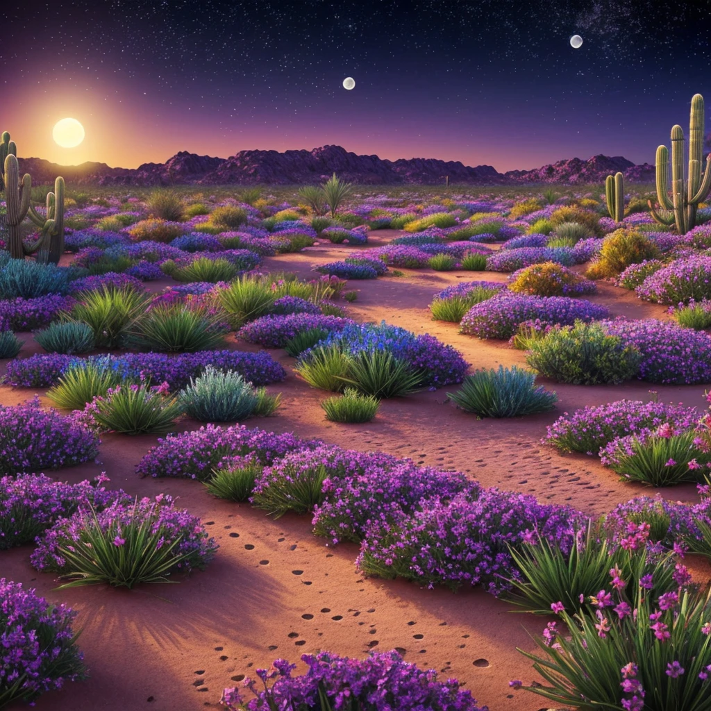 A lush desert oasis, vibrant blooming flowers, shining full moon, starry night sky, hyper-detailed, photorealistic, 8K, best quality, masterpiece, intricate details, dramatic lighting, vivid colors, warm tones, cinematic composition