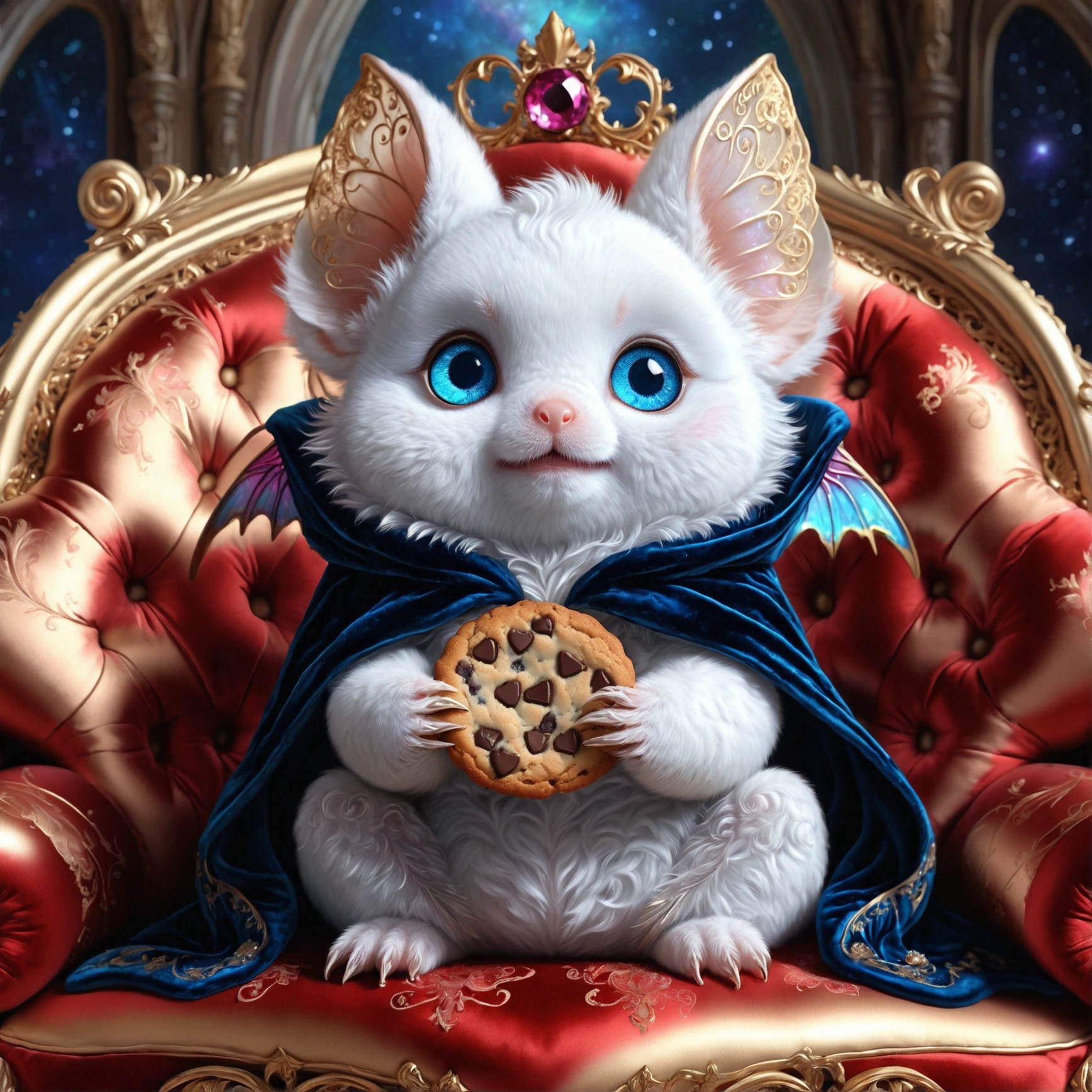 One cute white bat sitting in cozy sofa and holding big choc-chip cookie, (wide cosmic wings:1.2), (ornate velvet coat:1.3), (luxurious magic study), sapphire eyes, bright colors, masterpiece in maximum 16K resolution, best quality, ultra detailed, aesthetics, absurdes.
