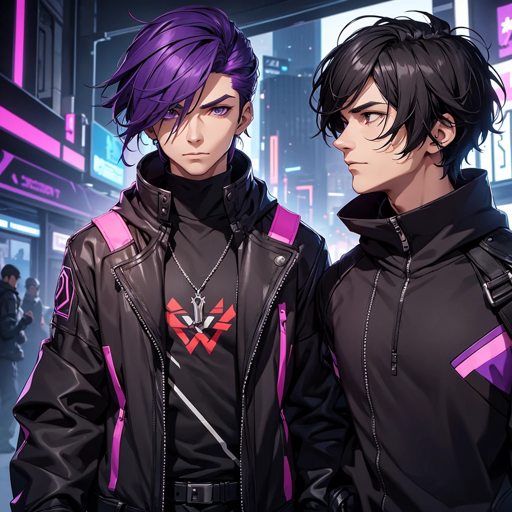 Make a Man Character. male character. short dark purple hair. your clothes should be black. just like your hood. he must be in a futuristic cyberpunk style setting.