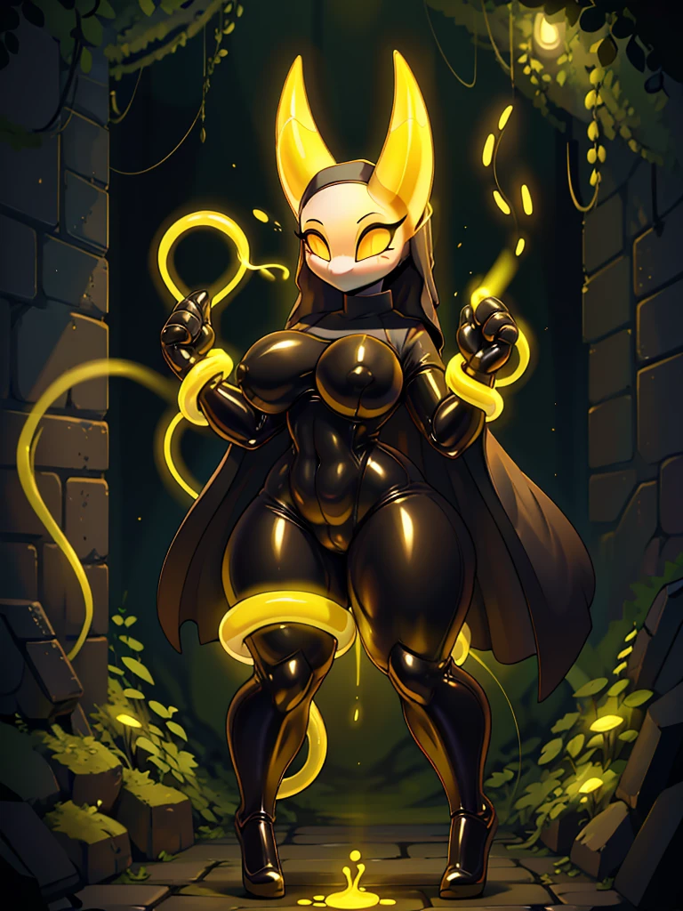 (masterpiece), ((perfect anatomy)), (high Res), (4k), hornet, ((insectoid)), ((segmented body)), ((insect body parts)), black body, (((white head))), 3 fingers(index, middle and thumps), huge breast, wide hips, thick thighs, narrow waist(((full body latex skin tight nun outfit))), (((solo))), narrow waist, (cute artstyle), (((glowing yellow eyes))), ((mind controlled)), (((brainwashed))), praying, (((yellow glowing tentacles)))