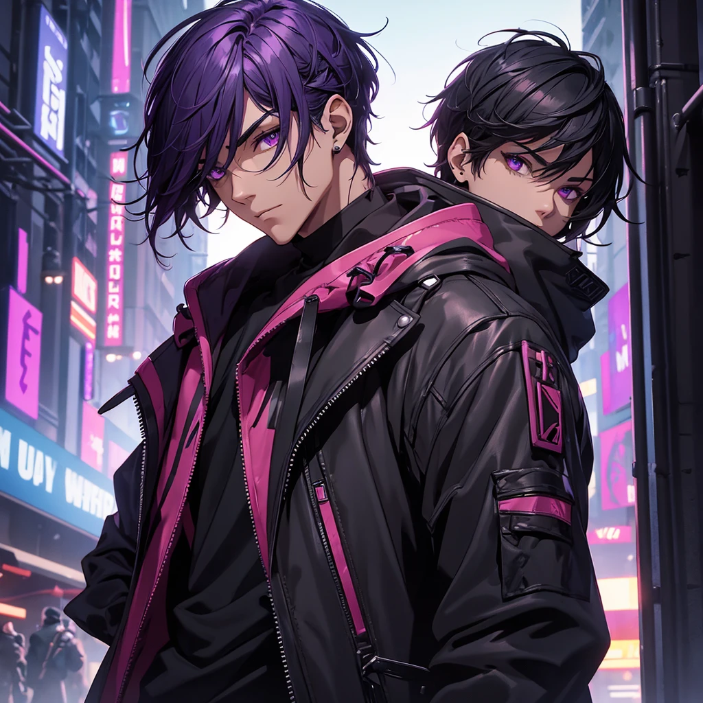 Make a Man Character. male character. short dark purple hair. your clothes should be black. just like your hood. he must be in a futuristic cyberpunk style setting.