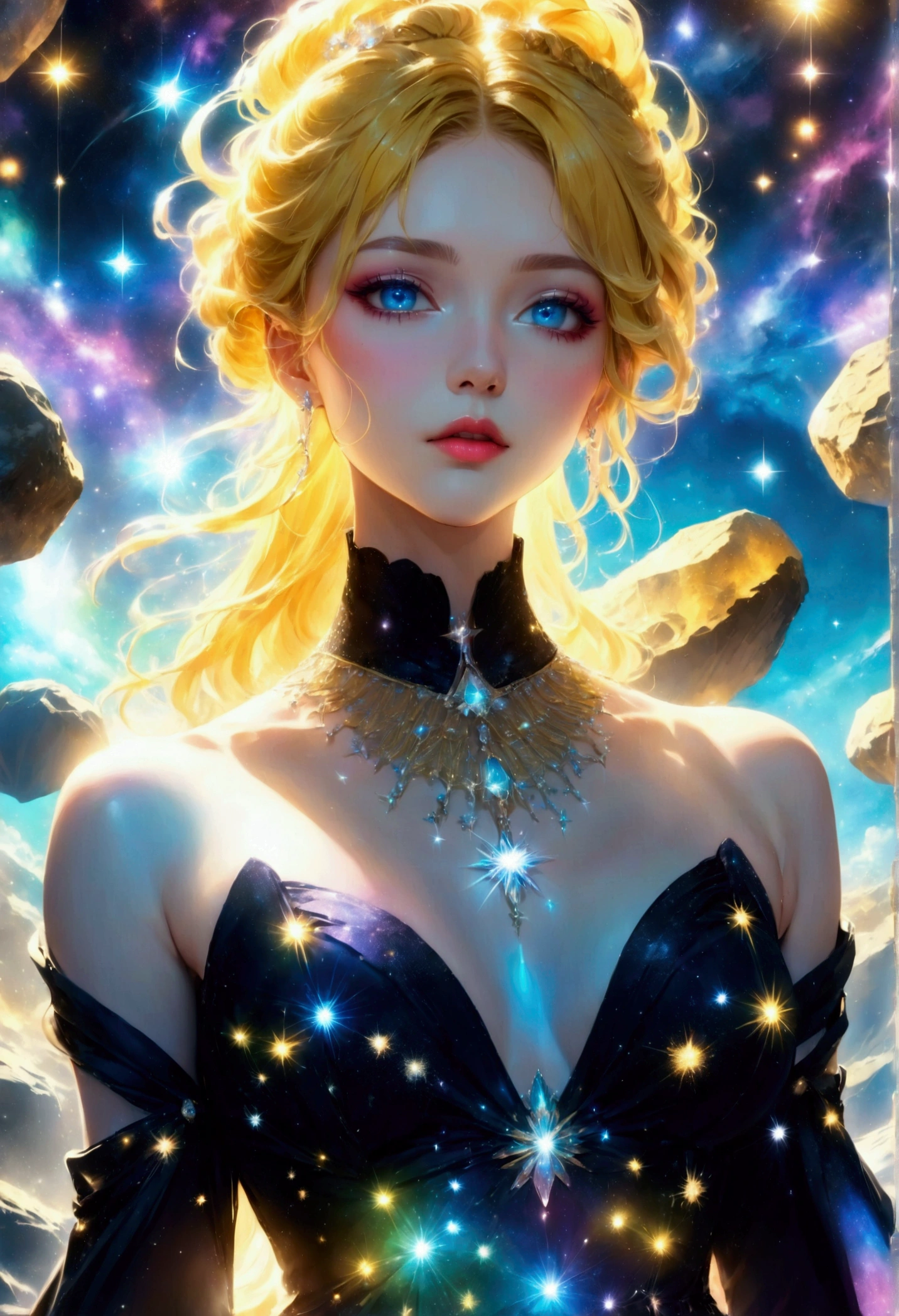 a glamour picture shot, of an elite model covered in stars, walking on a (dark catwalk: 1.2), an extraordinary glamourous elite female model, ((full body: 1.5)),  ((anatomically correct: 1.5), (ultra detailed face: 1.2), best detailed face, yrllow hair, long hair, lush hair, glam hair cut, blue eyes, delicate face, light make up, wearing intricate detailed dress, glamour dress, haute couture dress, elite fashion dress, black as night dress, decorated with bright stars, starlight,  small cleavage, wearing high heels, elegant high heels, she wears diamond necklace, she is glows in a soft starry light, she walks on asteroid catwalk, elite fashion show background, vibrant, Hyperrealism style, vibrant, Ultra-high resolution, High Contrast, (masterpiece:1.5), highest quality, Best aesthetics), best details, best quality, highres, ultra wide angle, 16k, [ultra detailed], masterpiece, best quality, (extremely detailed) RAW, chumbasket art style, photograph, photograph