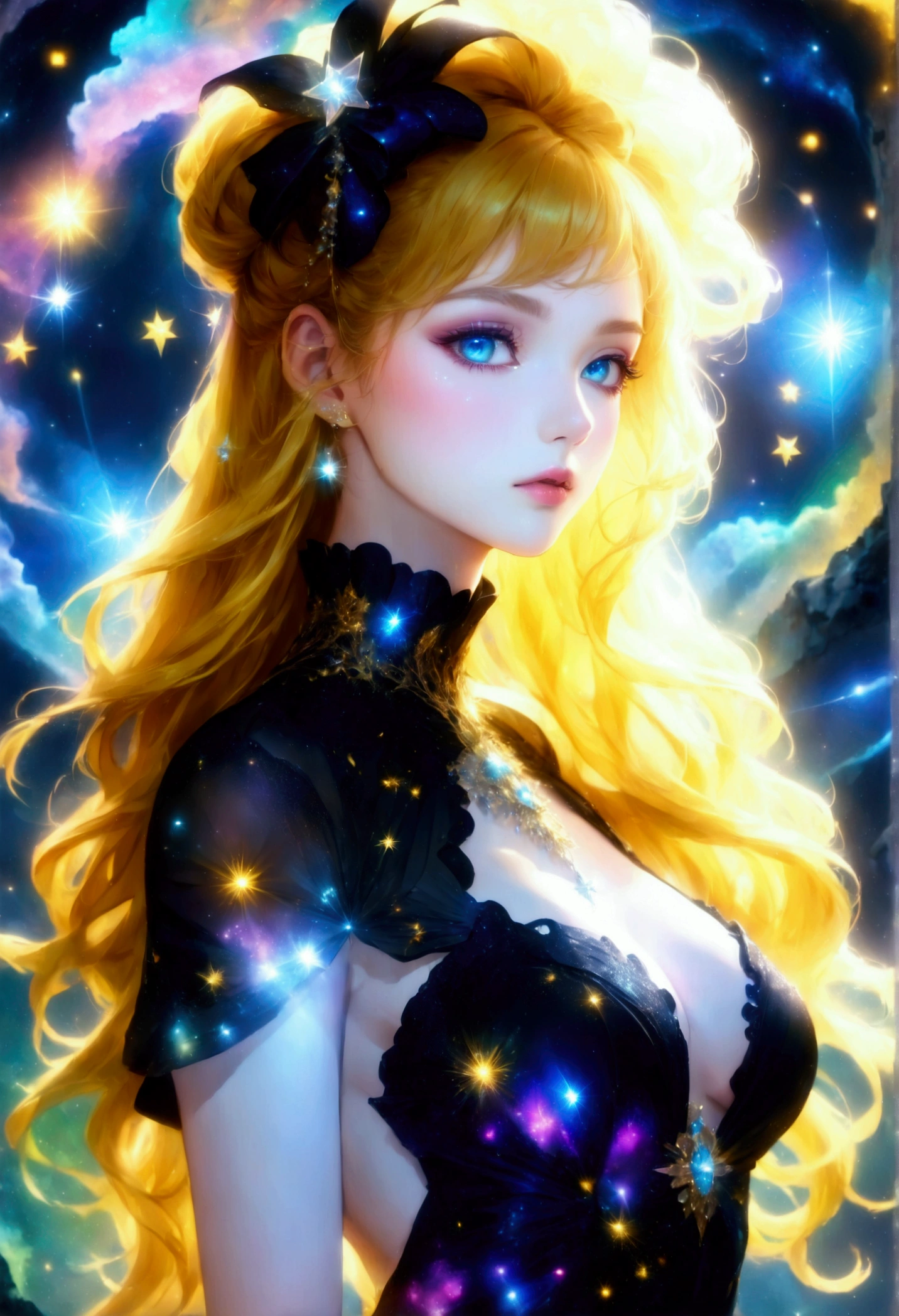 a glamour picture shot, of an elite model covered in stars, walking on a (dark model's catwalk: 1.2), an extraordinary glamourous elite female model, ((full body: 1.5)),  ((anatomically correct: 1.5), (ultra detailed face: 1.2), best detailed face, yellow hair, long hair, lush hair, glam hair cut, blue eyes, delicate face, light make up, wearing intricate detailed dress, glamour dress, haute couture dress, elite fashion dress, black as night dress, decorated with bright stars, starlight,  small cleavage, wearing high heels, elegant high heels, she wears diamond necklace, she is glows in a soft starry light, she walks on (asteroid model's catwalk: 1.2), elite fashion show background, vibrant, Hyperrealism style, vibrant, Ultra-high resolution, High Contrast, (masterpiece:1.5), highest quality, Best aesthetics), best details, best quality, highres, ultra wide angle, 16k, [ultra detailed], masterpiece, best quality, (extremely detailed) RAW, chumbasket art style, magical sky