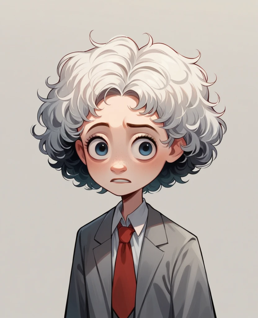 White Tall Home, Round face, short black curly hair, dressed in gray suit and red tie, disney pixar style
