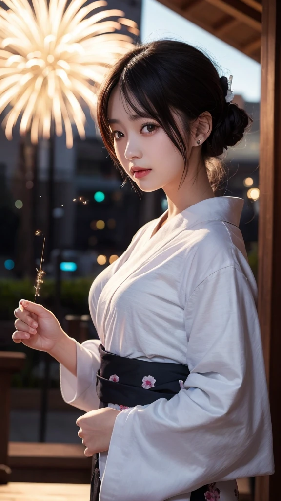 Highest quality(4K)、One woman、cute、20age、Luxurious yukata、slim、Black Hair、Shortcuts、Watching fireworks