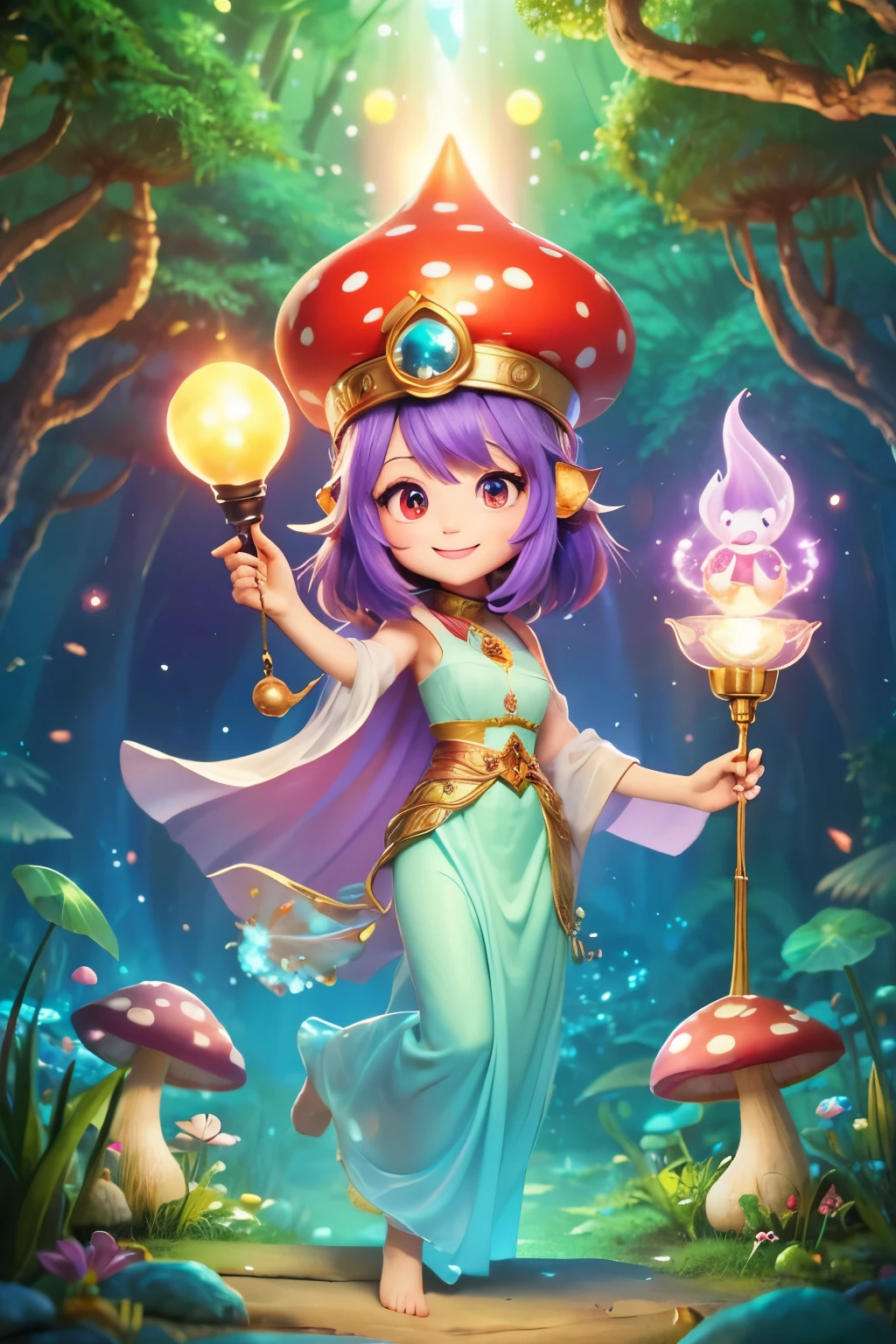 A chibi-style mushroom character rubbing a magical lamp, causing a genie to emerge, in a whimsical and colorful forest. The scene is filled with vibrant colors and fantastical elements, with sparkling lights and mystical auras around the lamp and the genie. The mushroom character has big, expressive eyes and a joyful expression, with a small wizard hat perched on its head. The genie is large and ethereal, with a friendly and magical appearance. The background includes towering mushrooms, glowing plants, and fairy-like creatures flitting about.

	•	Art Style: Anime-style, vibrant, and whimsical
	•	Lighting: Soft and magical, with glowing effects around the lamp and genie
	•	Environment: Enchanted forest, full of fantastical and colorful details
	•	Character details: Chibi-style mushroom character with a wizard hat, joyful expression
	•	Genie details: Ethereal and friendly, with magical auras