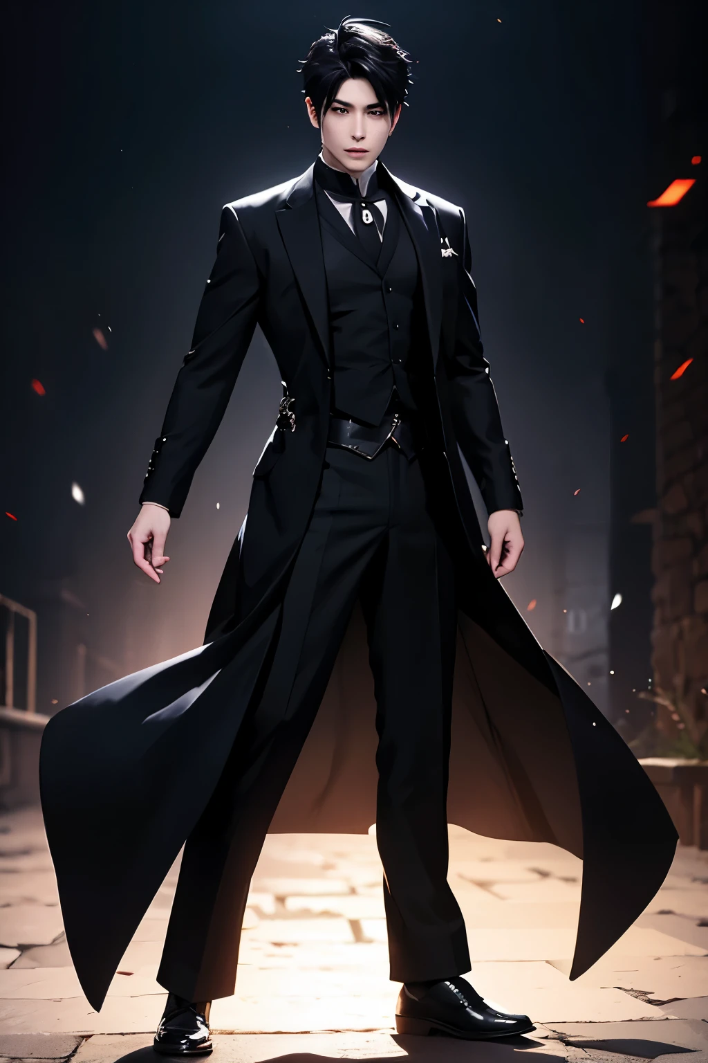 Wearing black, Inspired by "Wuzhun Shifan", Zhou Fang, A handsome man,Black spiked short hair, Taisho Romance, Cool anime poses, heise jinyao, Anime handsome man, Single character full body