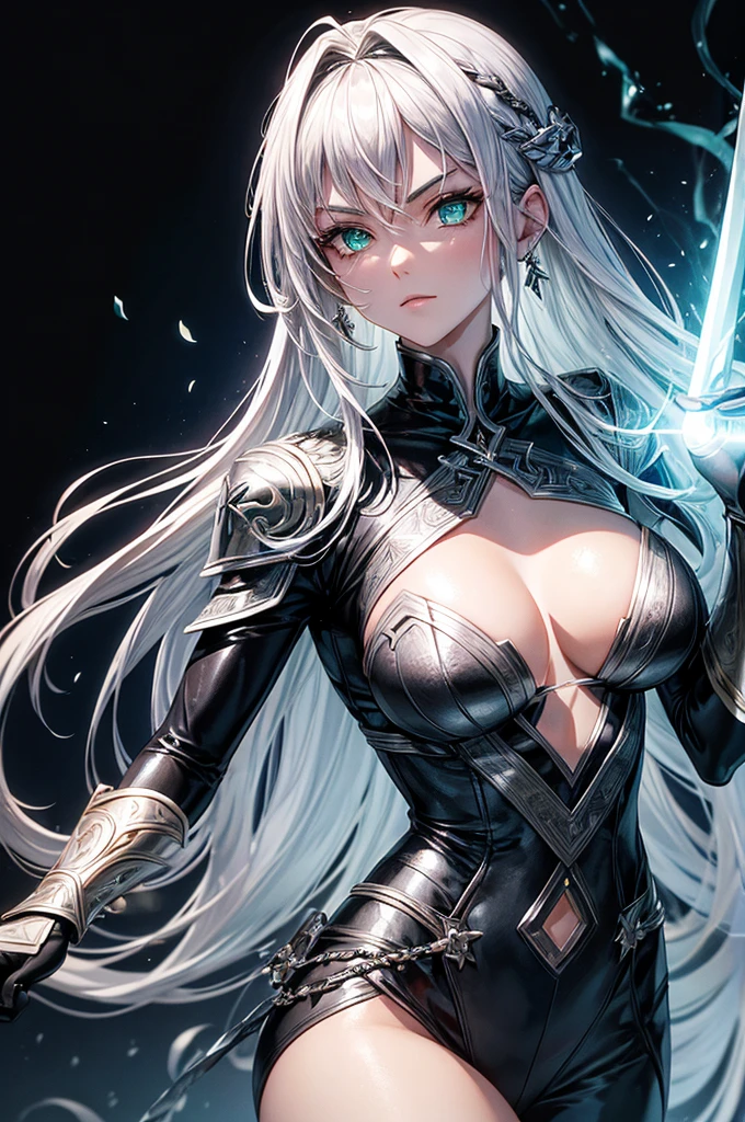 A mystical warrior woman with silver hair, glistening green eyes, and black leather, one hand holds a glowing orb and the other a glistening silver sword,