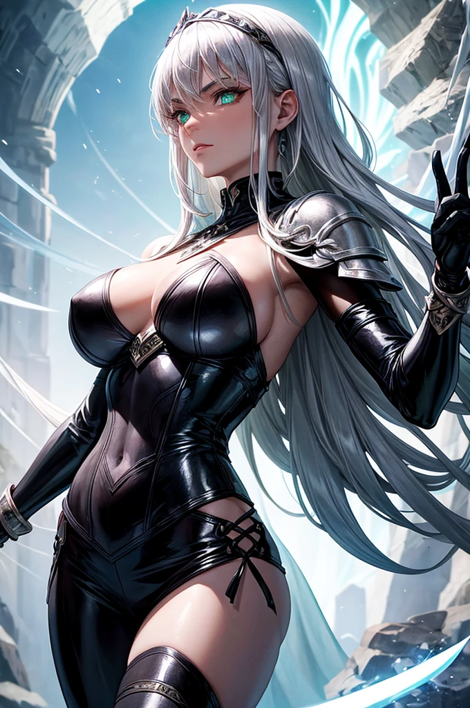 A mystical warrior woman with silver hair, glistening green eyes, and black leather, one hand holds a glowing orb and the other a glistening silver sword, 