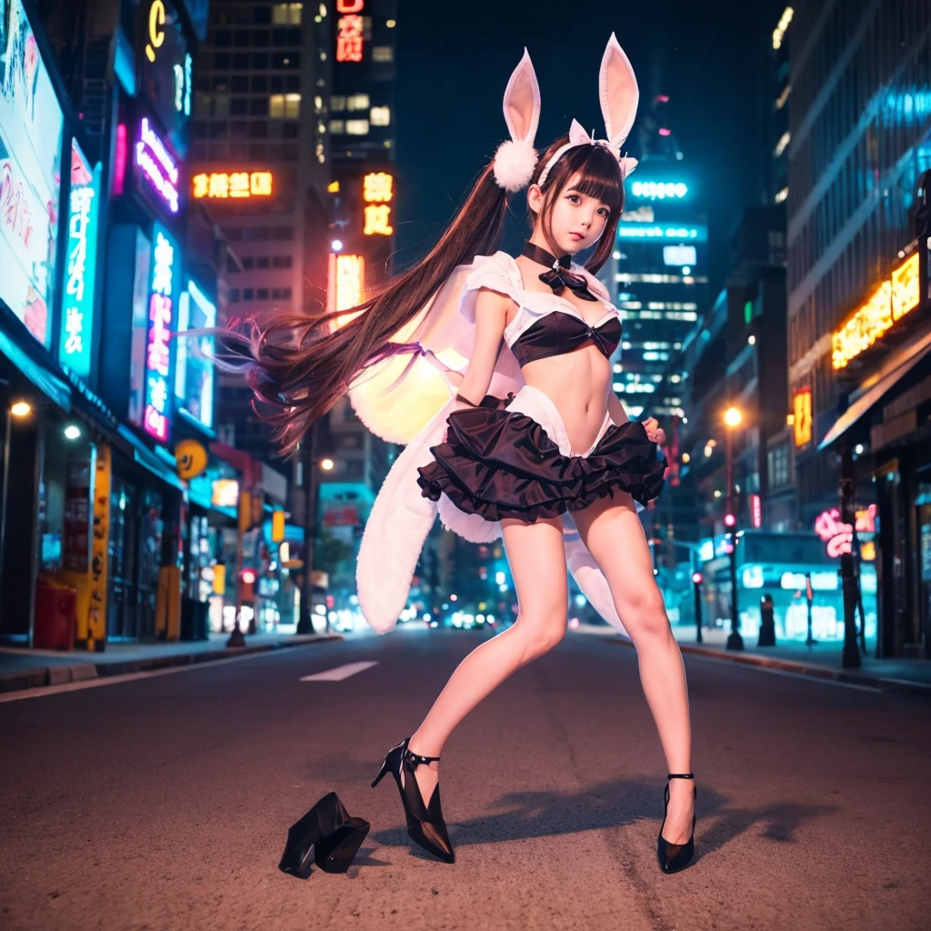 wide wide shot,(highest quality,masterpiece:1.2),(cyborg people), Bunny ears,colored hair,(She has a pair of huge feathered wings behind her shoulders),Money,perfect proportions,(彼女のMoney属製の機械的な手足),(footwear),slim,光沢のあるMoney属。(towards the lens,central symmetry),standing on one's own feet,(futuristic street),Bright colors,The lighting is dramatic., Bright areas contrast strongly with deep shadows, Creates depth and three-dimensionality. The overall composition is vibrant and attractive, grace, There is also a mysterious atmosphere.cleavage