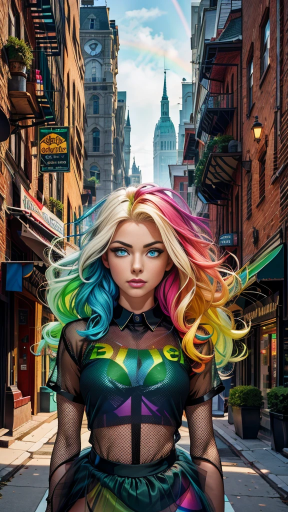 Mature age girl, curly blonde rainbow coloured hair, ((black mesh see through transparent shirt)), tutu skirt, fishnet stockings, partially nude, Caucasian, ((one blue eye, one green eye))