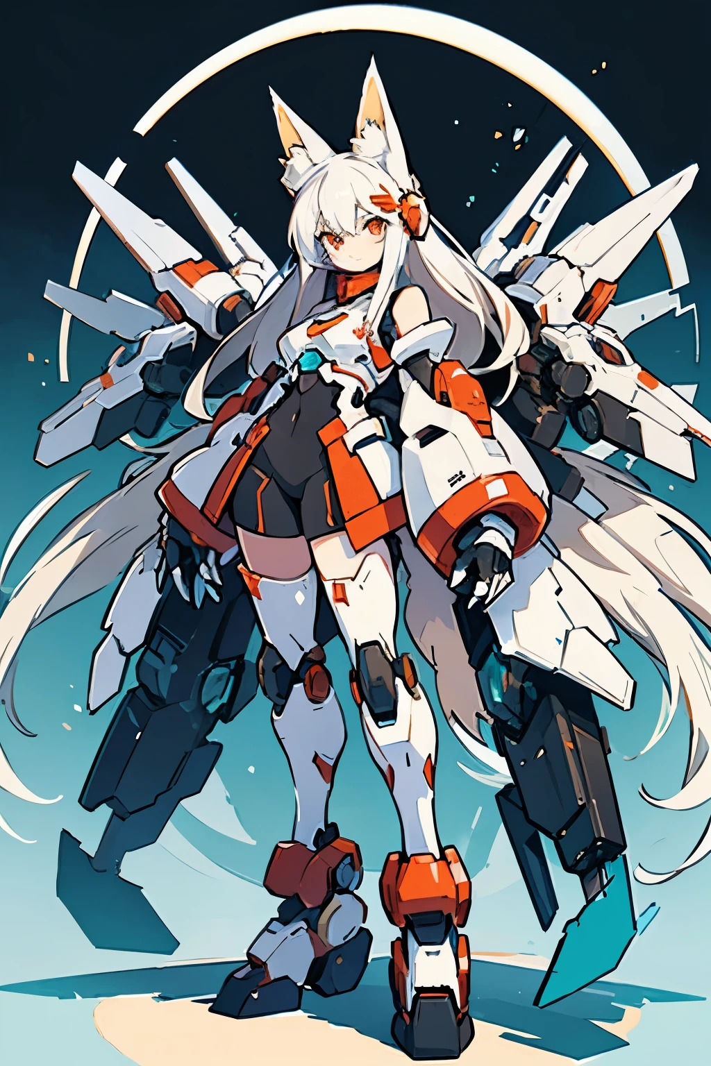 1 girl with long white hair, fox ears, fox tail, standing, full mecha body, looking at viewer 