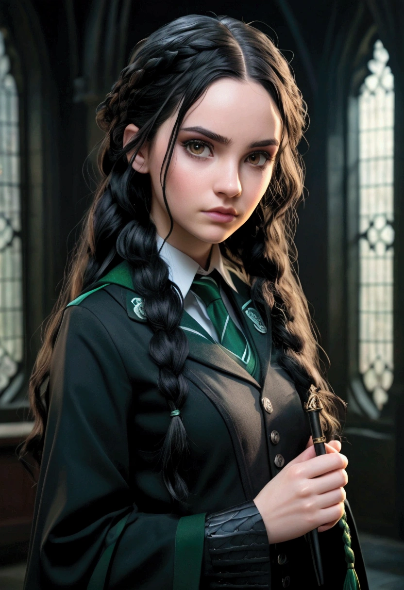 Best Quality, masterpiece, black wavy hair, Brown eyes, wearing official Slytherin uniform, seeking out, Upper part of the body, lock of hair, White skin, side braids, holding a magic wand, 4k, Gothic, cyberpunk, realist