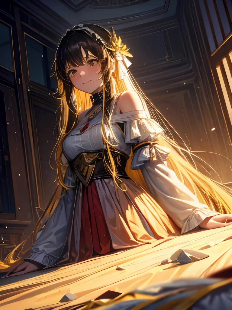 The painting style is quiet、The lighting is yellow. Home々A distant mountain々Surrounded by, The willows in the courtyard are swaying in the wind. Several layers of pale red curtains、It adds a slightly mystical atmosphere to the deep landscape.。, The woman is alone, Her long hair is scattered freely, And then her figure looms, With a faint smile.