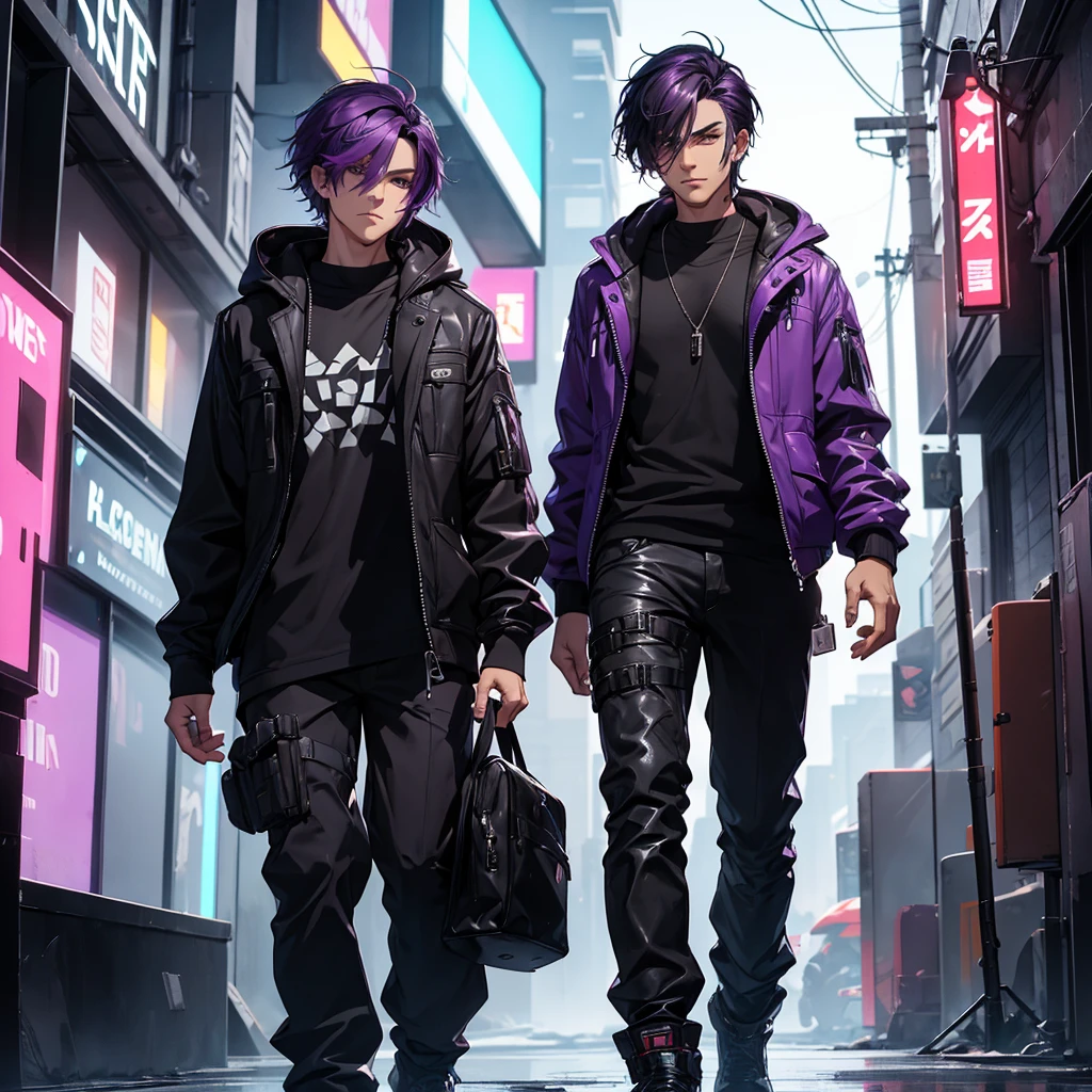 Make a Man Character. male character. short dark purple hair. your clothes should be black. just like your hood. he must be in a futuristic cyberpunk style setting.