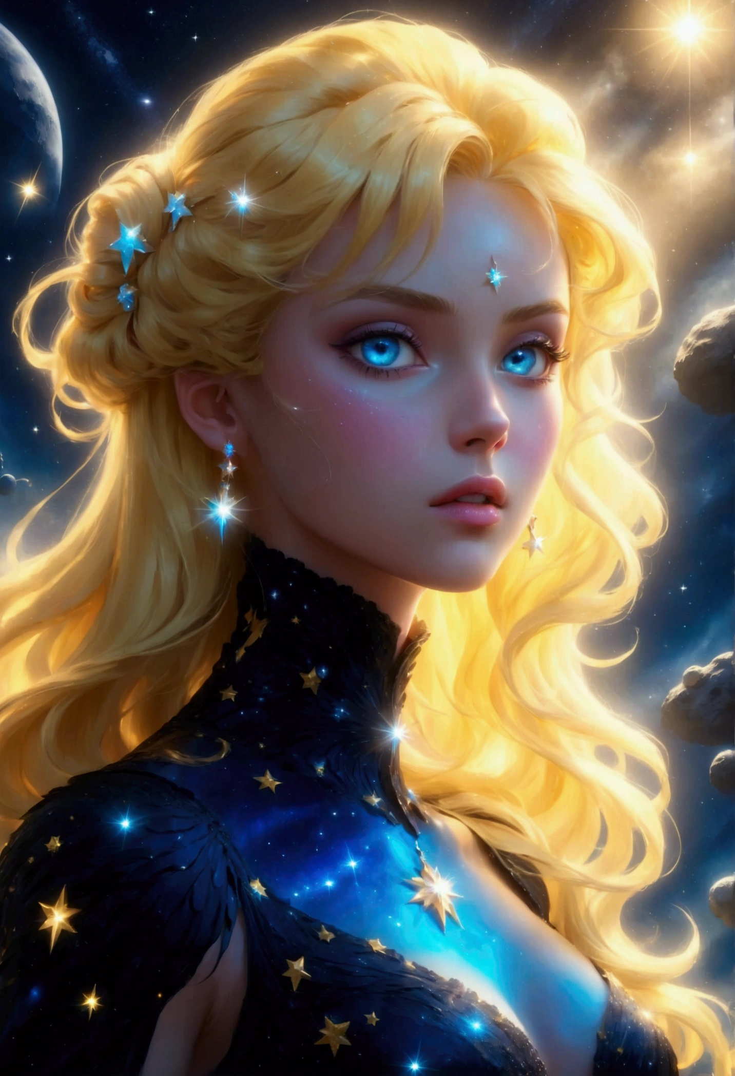 a (full body: 1.3) glamour picture shot, of an elite model covered in stars, walking on a (dark model's catwalk: 1.2), an extraordinary glamourous elite female model, ((full body: 1.5)),  ((anatomically correct: 1.5), (ultra detailed face: 1.2), best detailed face, yellow hair, long hair, lush hair, glam hair cut, blue eyes, delicate face, light make up, wearing intricate detailed dress, glamour dress, haute couture dress, elite fashion dress, black as night dress, decorated with bright stars, starlight,  small cleavage, wearing high heels, elegant high heels, she wears diamond necklace, she is glows in a soft starry light, she walks on (asteroid catwalk: 1.2), elite fashion show background, vibrant, Hyperrealism style, vibrant, Ultra-high resolution, High Contrast, (masterpiece:1.5), highest quality, Best aesthetics), best details, best quality, highres, ultra wide angle, 16k, [ultra detailed], masterpiece, best quality, (extremely detailed) RAW, chumbasket art style, magical sky