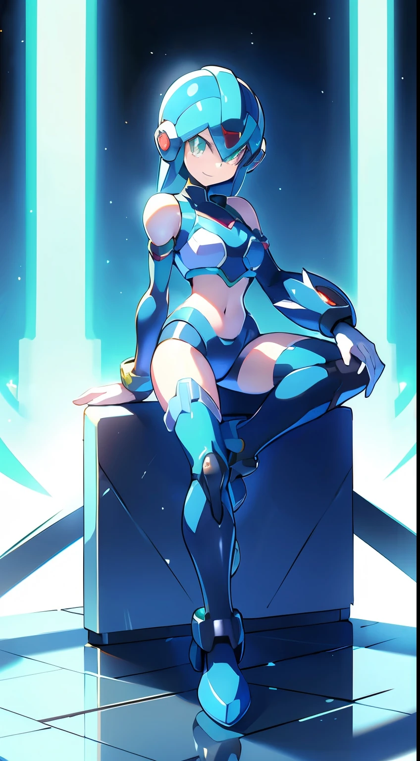 megaman x Girl, cute, Reploid, fullbody shot, maverick hunter, extremely detailed, dinamic pose, Green eyes, long eyelashes, glowing lips, smile, black waist, black chest