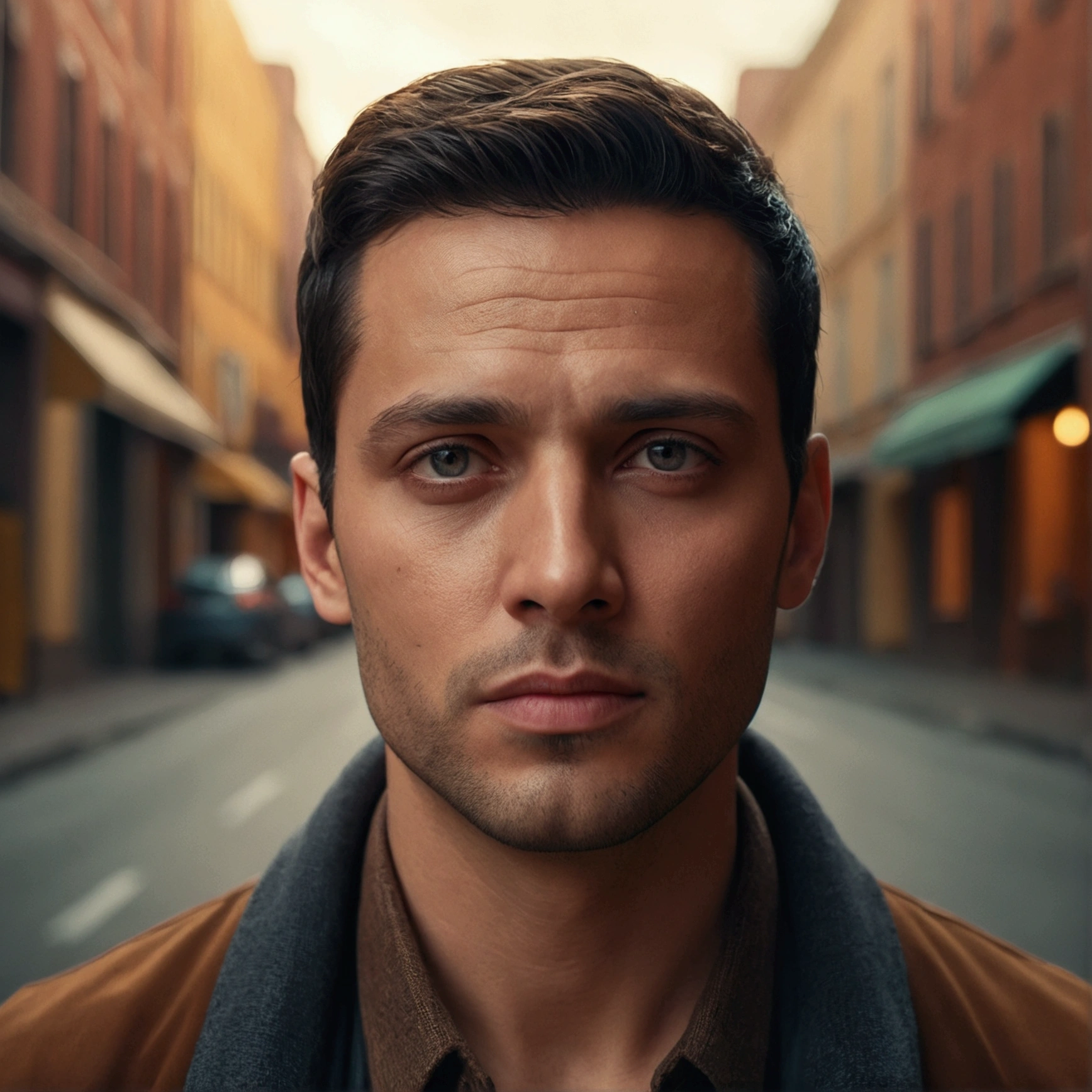 A man with a round face in his 30s, standing on the street, cinematic portrait, intricate details, realistic facial features, beautiful eyes and lips, photoreal, masterpiece, 8k, high resolution, hyper detailed, dramatic lighting, warm color palette, moody atmosphere, cinematic composition