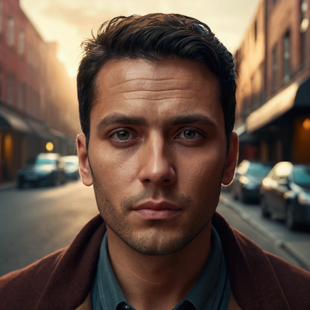 A man with a round face in his 30s, standing on the street, cinematic portrait, intricate details, realistic facial features, beautiful eyes and lips, photoreal, masterpiece, 8k, high resolution, hyper detailed, dramatic lighting, warm color palette, moody atmosphere, cinematic composition