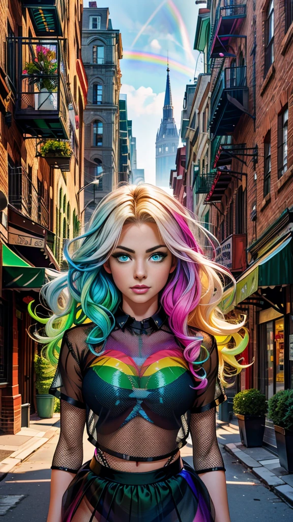 Mature teenage girl, curly blonde rainbow coloured hair, ((black mesh see through transparent shirt)), tutu skirt, fishnet stockings, partially nude, Caucasian, ((one blue eye, one green eye))