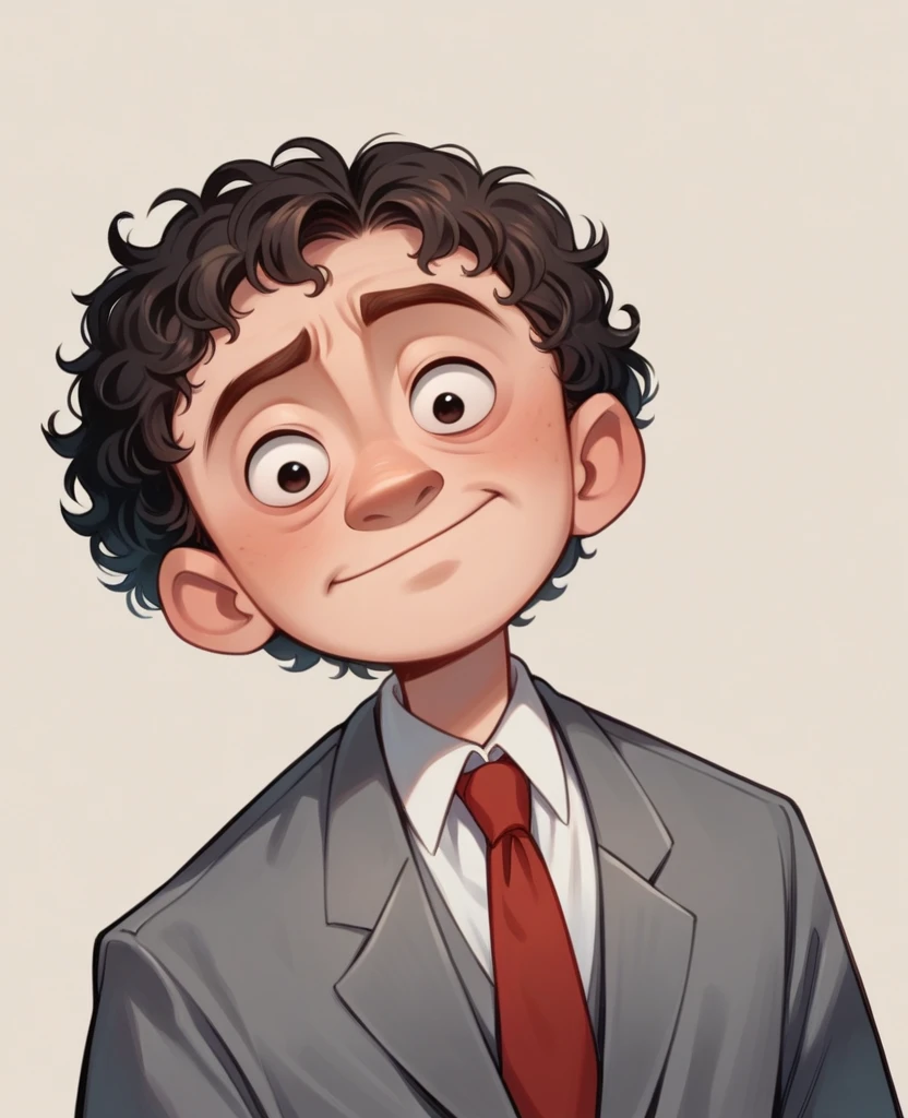 White Tall Home, Round face, short black curly hair, dressed in gray suit and red tie, disney pixar style