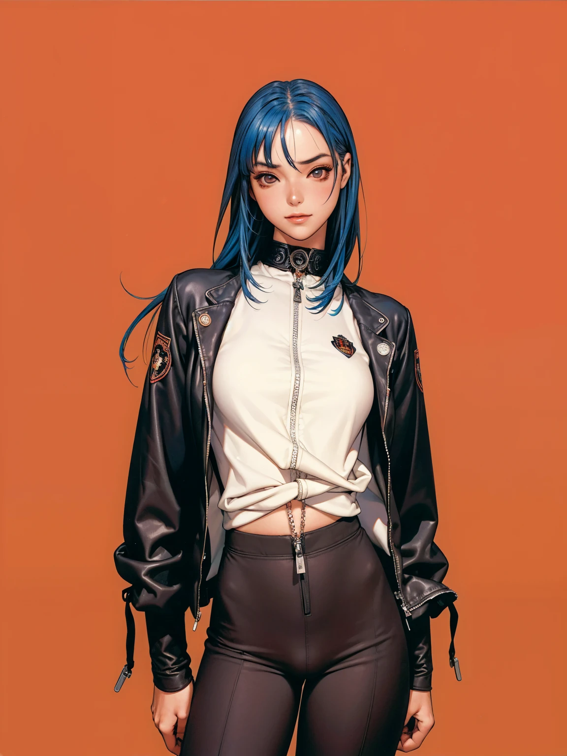 (((best qualityer))), (((manga strokes))), (((blue hair with red highlights))), uma Kizi jovem muito bem vestida com roupas modernas de inverno, pants with red and black zig-zag pattern, top gift vertical stripes, short jacket with dark fur collar, beautiful and expressive face, slightly-smile, big eyes with long black eyelashes, heavy make-up, chains and zippers spread across clothes, contrasting colours, pose de atitude, hair with a modern and futuristic cut, urban game poster art, dramatic camera angles, graffiti art elements in the background, design mixing contemporary and retro by Shepard Fairey, (((cowboy shot))), (((best qualityer: 1.4))), (Unbeatable masterpiece), (hiper HD),(CG 8k hyper-realistic), Kizi, (((standing alone))), pirralha violent, ((())), sexly, pose de atitude, work of art, post-apocalypse, (((manga style))), bounty hunter, violent, Manic, the way you want, slenderbody, thin but strong, perfectbody, roupa moderna, advanced technology, neon, sleeves with vertical striped pattern, neutral background, (( cowboy shot )). intricate visual