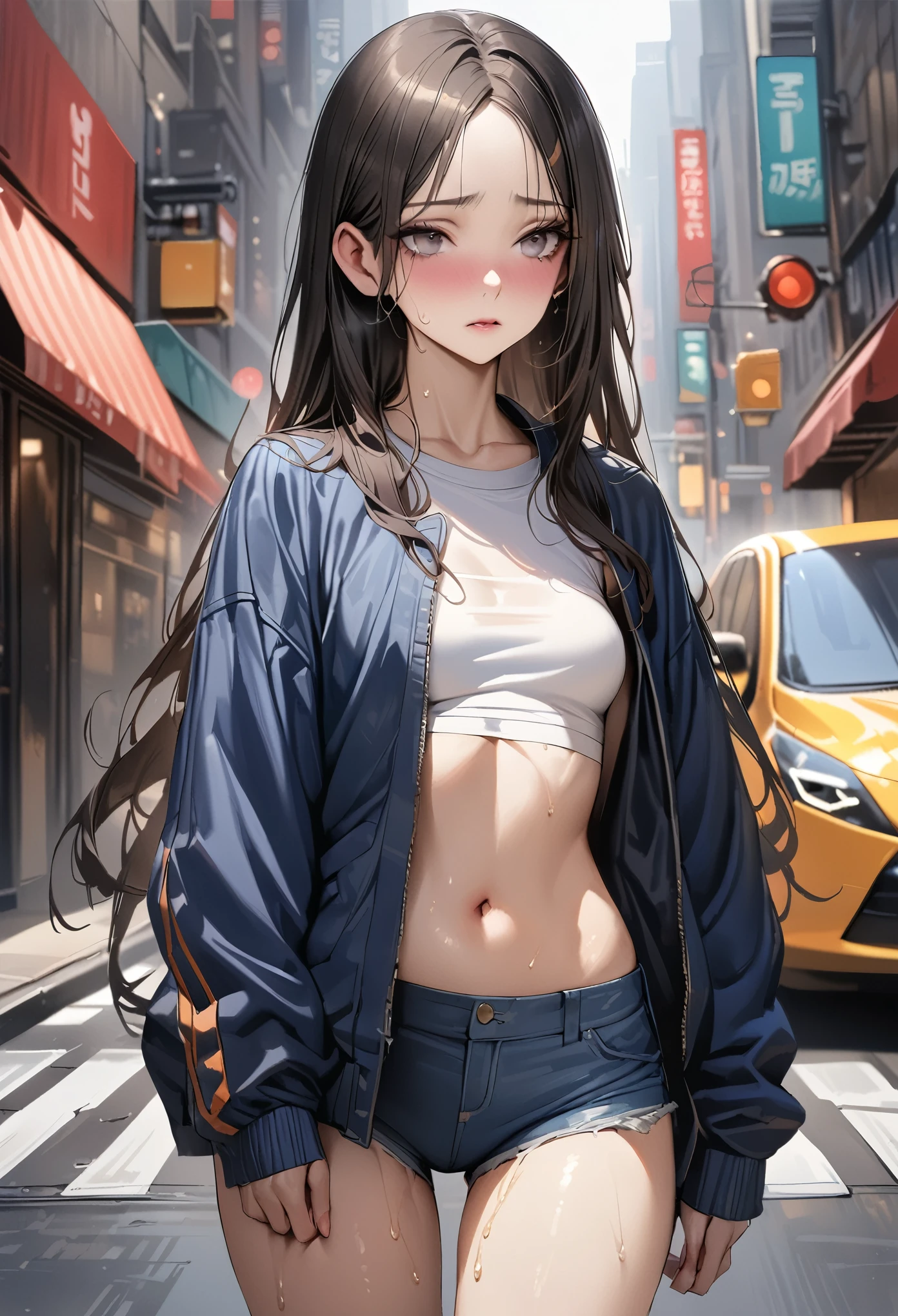 (((masterpiece,Highest quality:1.3,best quality illustration))),((realistic:1.2)),cowboy shot,独奏,1woman,(Mature Beauty),black hair,straight long hair,forehead,center parted bangs,black eyes,(gorgeous big eyes),((very small head:1.2)),shy,((very long body,skinny,slender body)),((Navy blue baseball jacket)),small breasts,gleaming skin,oily skin,sweat,denim micro shorts,navel、Wearing a white tube top shirt and a blouson,on street,New York City、