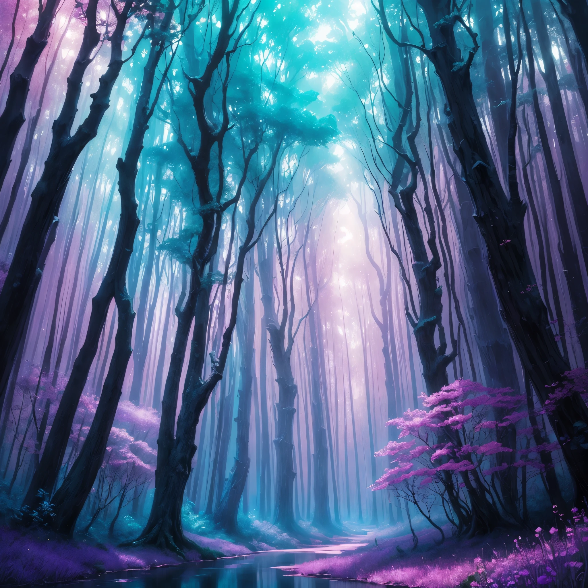 a painting of a purple forest with flowers and trees, magical fantasy forest, very magical and dreamy, magical forest in the background, magical colors and atmosphere, magical colours and atmosphere, magical forest, magic fairy forest, magical landscape, enchanted magical fantasy forest, magical environment, fantasy forest, lost in a dreamy fairy landscape, anime beautiful peace scene, mystical forest lagoon