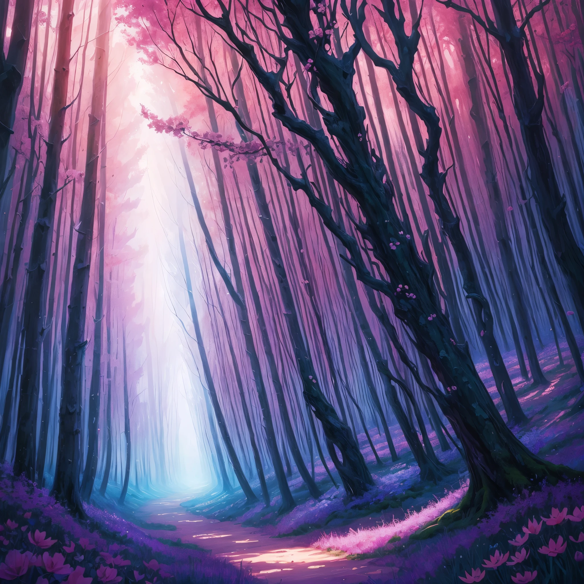 a painting of a purple forest with flowers and trees, magical fantasy forest, very magical and dreamy, magical forest in the background, magical colors and atmosphere, magical colours and atmosphere, magical forest, magic fairy forest, magical landscape, enchanted magical fantasy forest, magical environment, fantasy forest, lost in a dreamy fairy landscape, anime beautiful peace scene, mystical forest lagoon