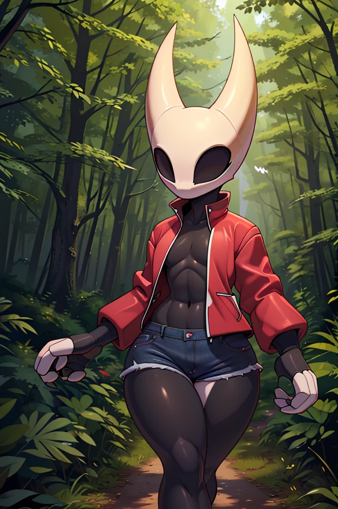 (masterpiece), ((perfect anatomy)), (high Res), (4k), hornet, ((insectoid)), ((segmented body)), ((insect body parts)), black body, (white head), 3 fingers(index, middle and thumps), flat chest, wide hips, (((red lone sleeved jacket top))), (((tight mini shorts jeans))), walking in a forest, (((solo))), narrow waist, (cute artstyle), full body