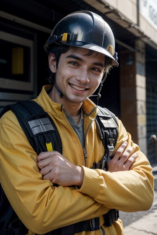 engineer crossing his arms with safety equipment and being happy, with a look that he is proud