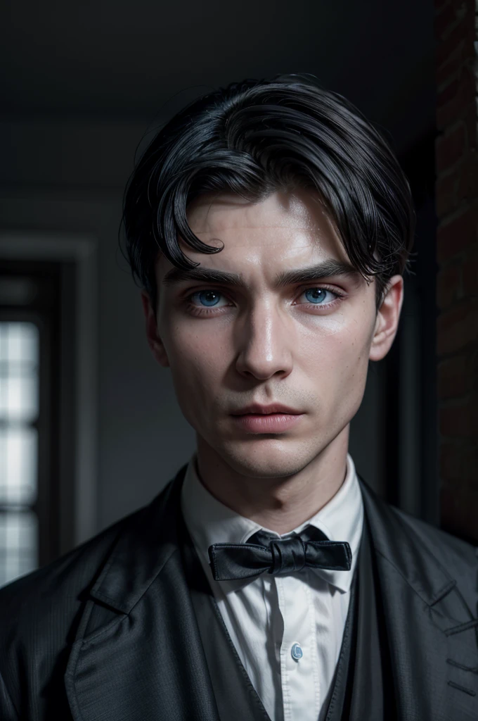 thomas shelby; tall black hair .intense blue eyes, not defined features ,with a black formal outfit for a large men&#39;s bazer ,with a gun in hand