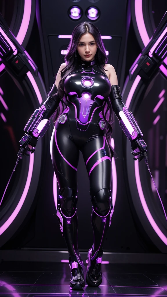 8k, ultra high resolution, Masterpiece, best quality, 1girl, extremely beautiful, ((purple wavy hair)), purple eyes, fit body, ((luminous futuristic cyberpunk suit)), ((full body)), posing in the middle, symmetrical pose, futuristic city in the background, from below, realistic skin textures, realistic reflection details, octane rendering,